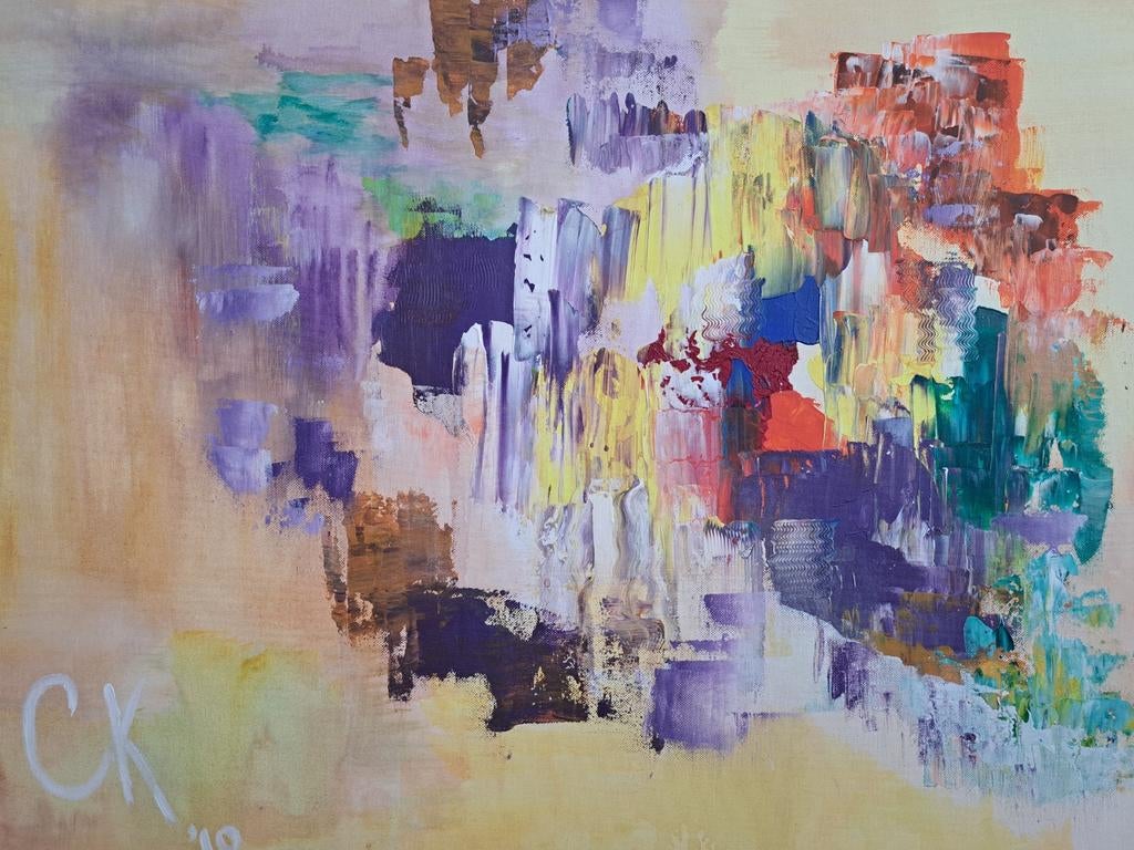 Abstract schilderij met felle kleuren, Ophalen of Verzenden