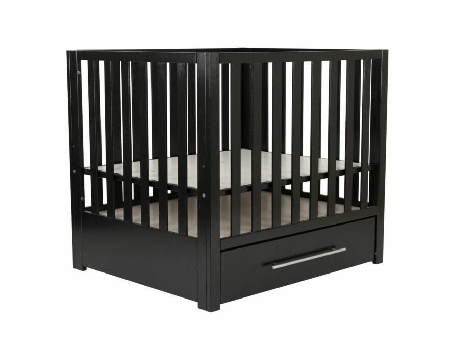 Zwart babybox met lade - Verstelbare bodem, Ophalen, 85 tot 100 cm, Zo goed als nieuw, Lattenbodem