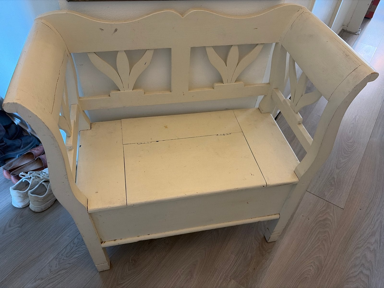 Landelijk brocante vintage bankje met klep - Opbergbankje, Ophalen