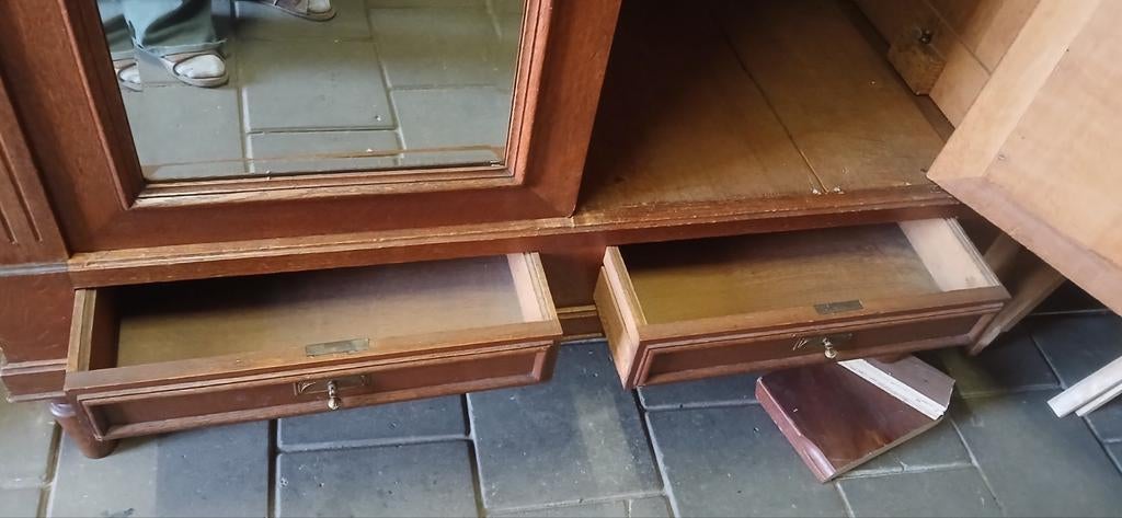 Antieke Eiken Kledingkast met Spiegel en Lades, Antiek en Kunst, Ophalen