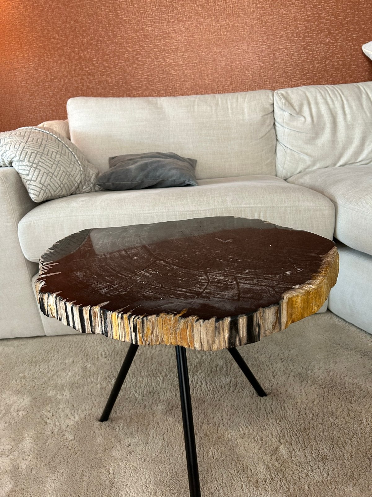 Salontafel bijzettafel versteend hout met metalen onderstel, Ophalen, 50 – 75, 50 tot 100 cm, Zo goed als nieuw