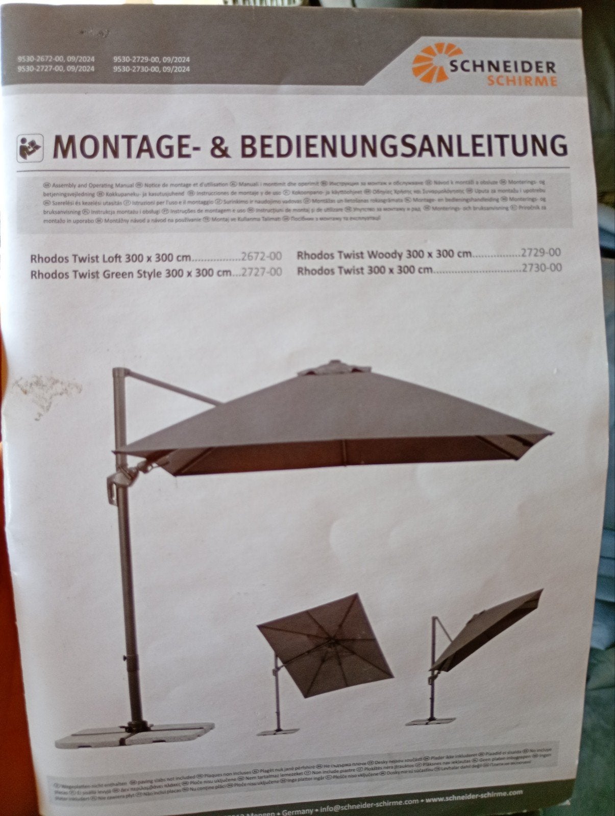 Schneider Rhodos Twist Zweefparasol 300x300 cm Antraciet, Ophalen, Kantelbaar, Nieuw, 2 tot 3 meter