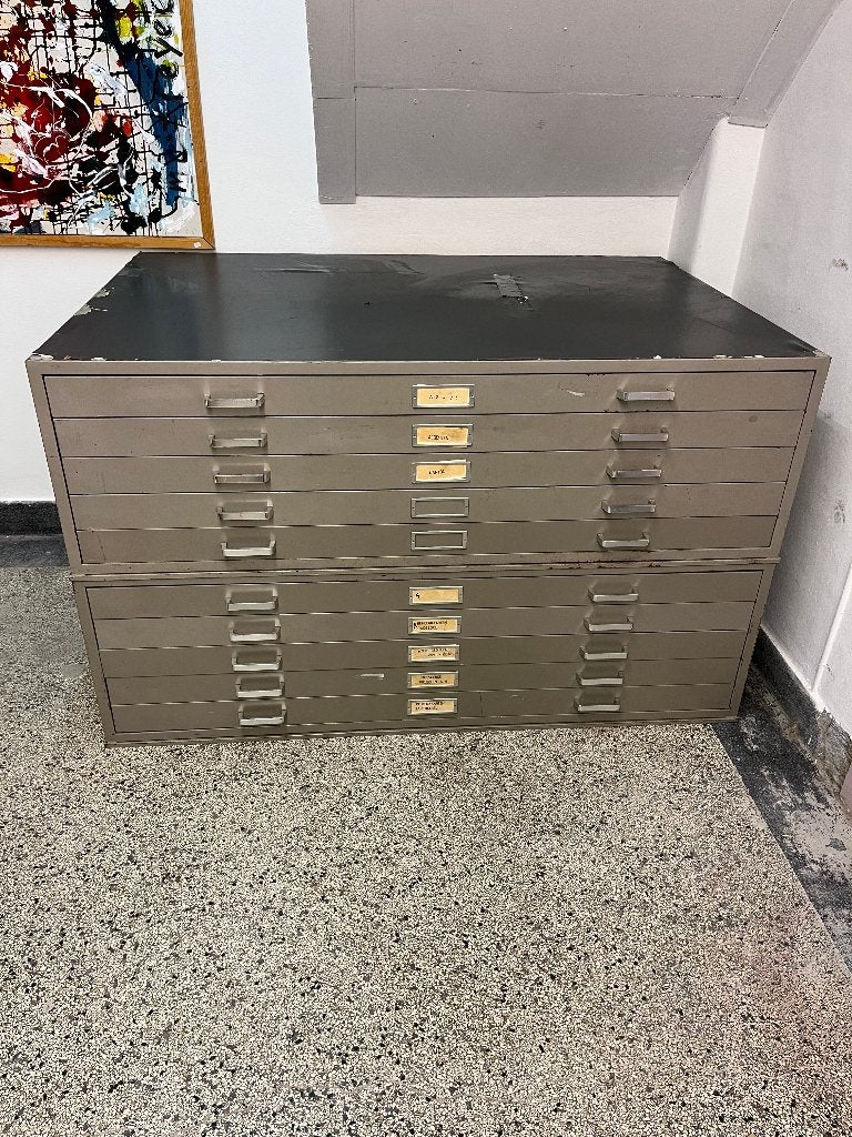 Vintage Metalen A0 Architectenkast / Ladekast (Tweedelig), Ophalen, Gebruikt, 100 tot 150 cm, 5 laden of meer