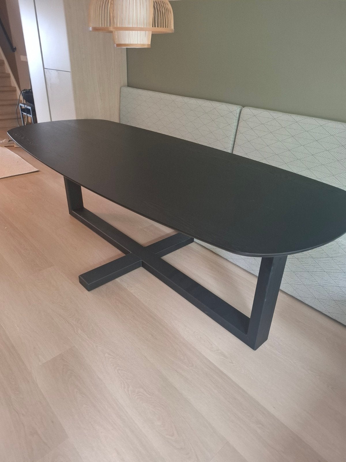 Kas 20 eettafelblad zwart gefineerd eiken Deens ovaal, Ophalen, 100 tot 150 cm, Eikenhout, 200 cm of meer