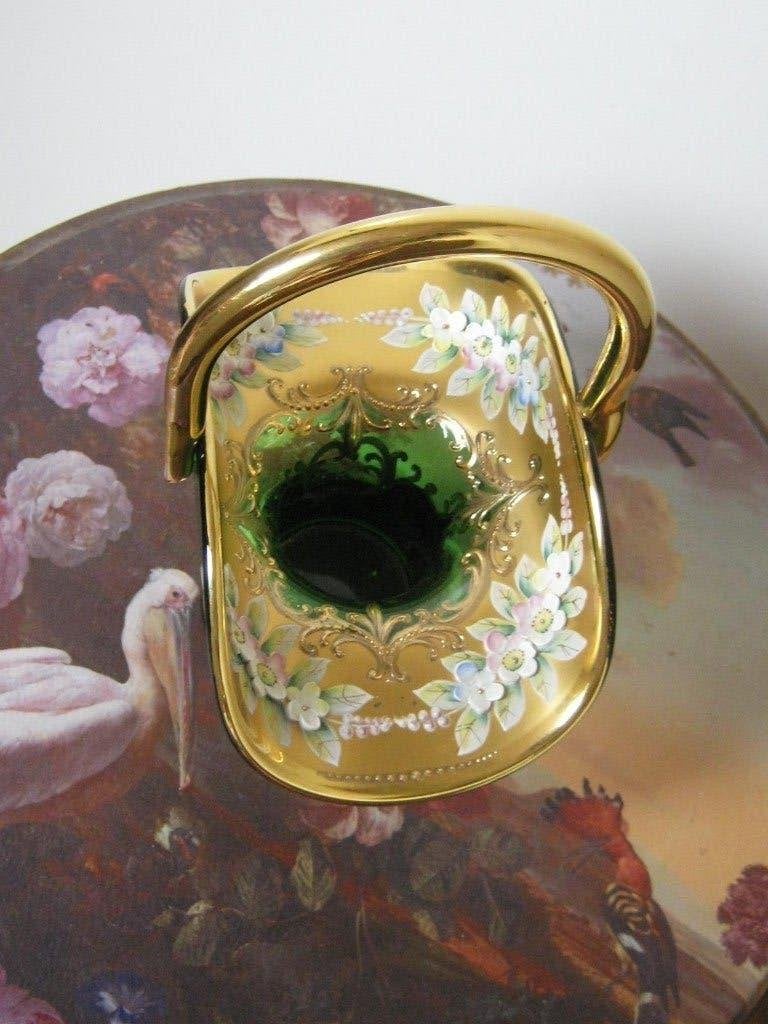 Joska glaskunst Bodenmais groen glas goud bloemen mandje, Verzenden
