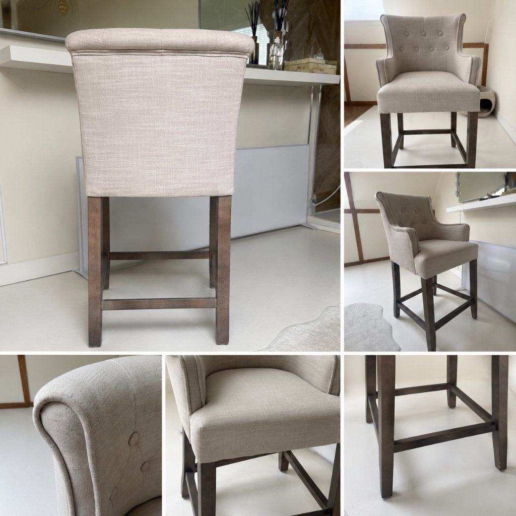2 luxe barkrukken beige taupe met armleuning, Ophalen, 60 tot 90 cm, Zo goed als nieuw, Hout