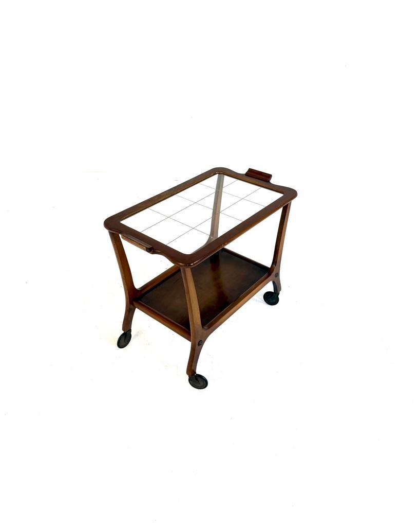 Vintage teakhouten trolley ‘60, Huis en Inrichting, Ophalen of Verzenden, Zo goed als nieuw, Vintage retro buisframe design rotan webbing papercord deena