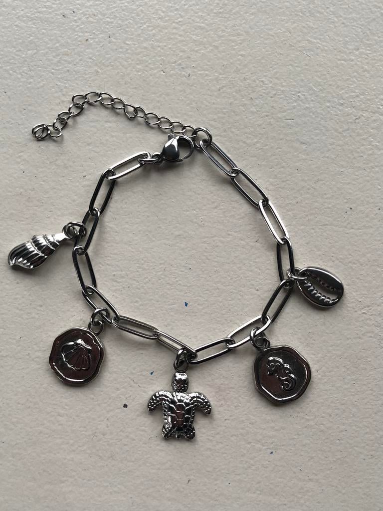 Armband zilverkleurig met bedels, Sieraden, Tassen en Uiterlijk, Armbanden, Ophalen, Nieuw, Zilver, Met bedels of kralen