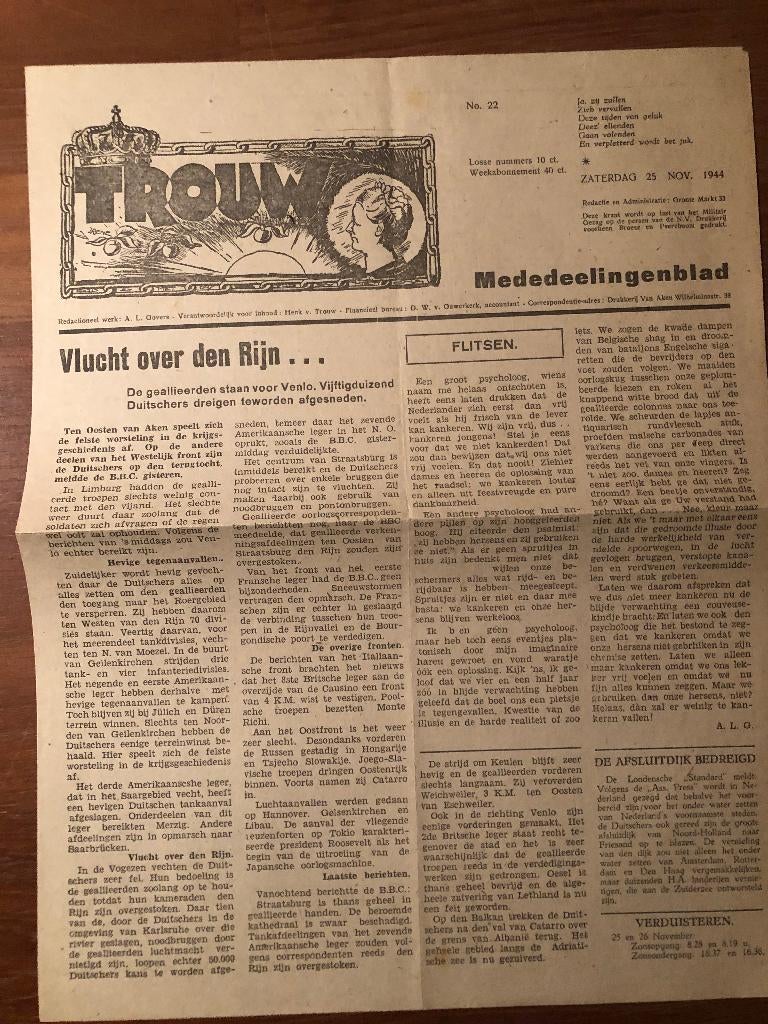 Breda. 25-11-1944. Bevrijde Zuiden: Trouw Mededeelingenblad, Boeken, Verzenden, Overige onderwerpen, Tweede Wereldoorlog, Gelezen