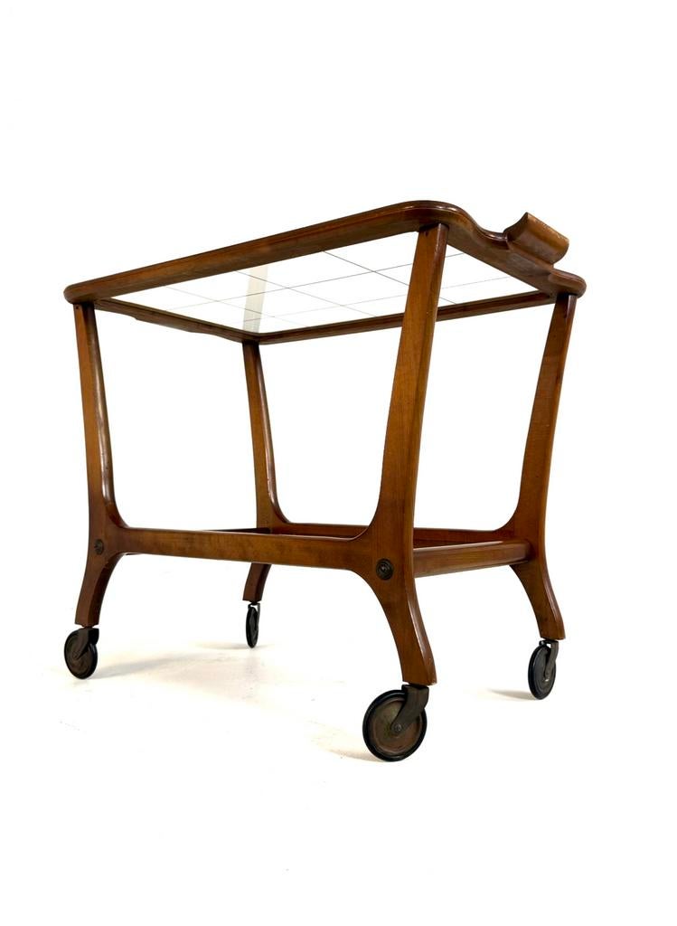 Vintage teakhouten trolley ‘60, Huis en Inrichting, Ophalen of Verzenden, Zo goed als nieuw, Vintage retro buisframe design rotan webbing papercord deena