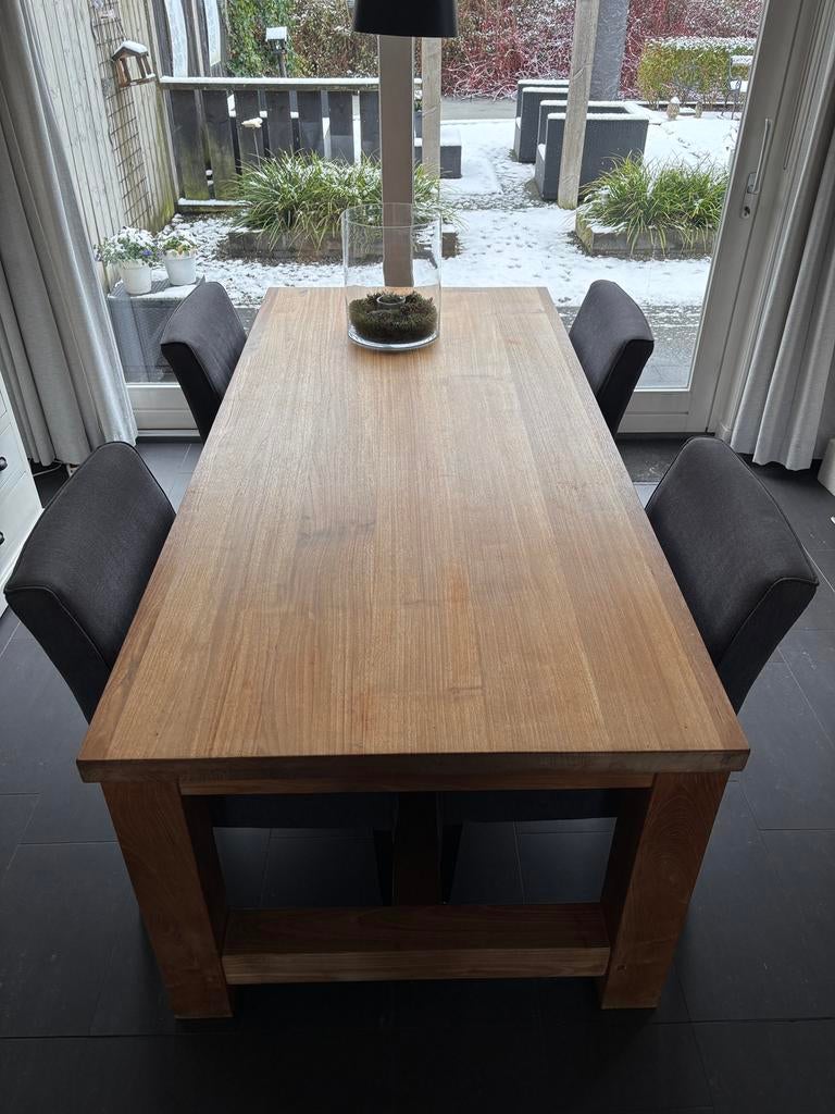 Mooie massief teak houten tafel, 2,20x1,00 m., Ophalen, Zo goed als nieuw, 6 tot 8 stoelen