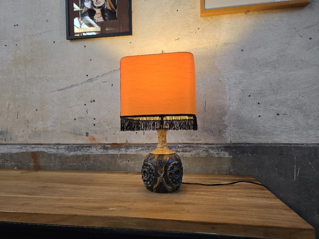 Jaren 70 Tafel Lamp Keramiek | Nieuwe Zijden Kap Oranje, Gebruikt, Vintage Retro Mid Century Design Space Age Art Deco, Overige materialen