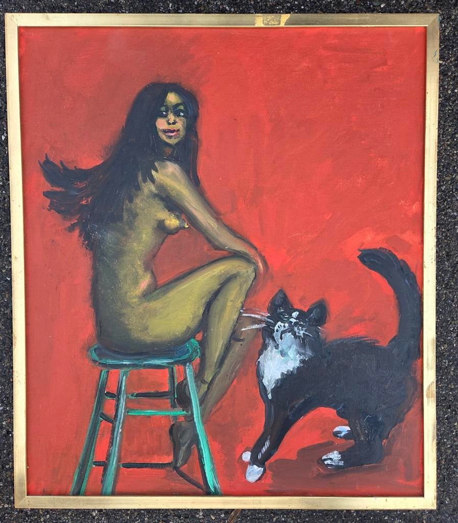 Vrouw met kat. Naakt. Olieverf op doek., Antiek en Kunst, Kunst | Schilderijen | Modern, Ophalen of Verzenden