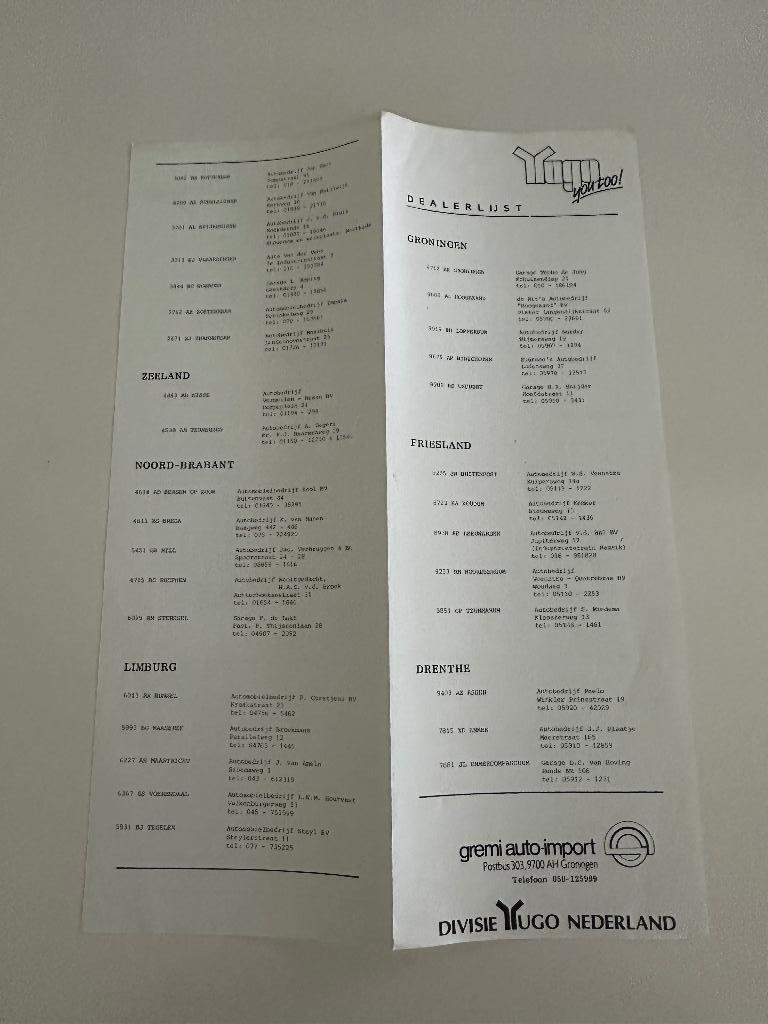 Folder dealerlijst Yugo , gremi auto import, Ophalen of Verzenden, Overige merken