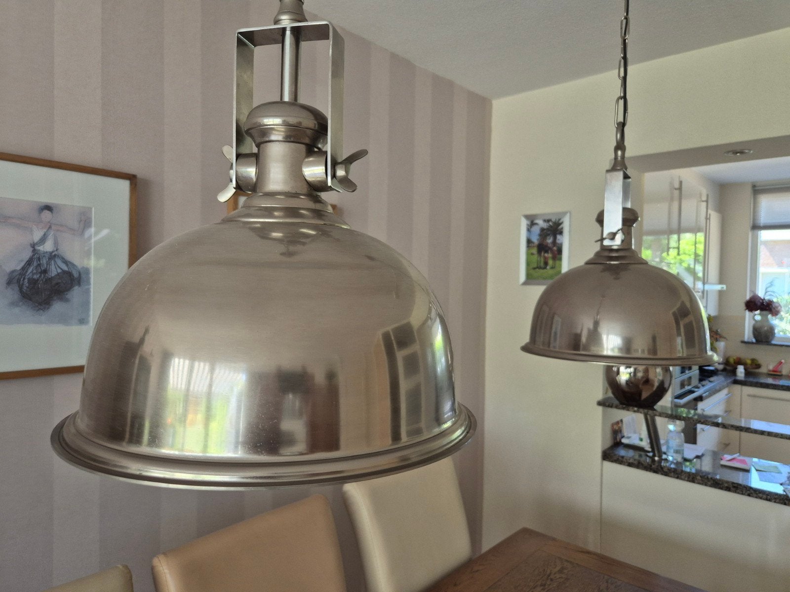 2 Hanglampen industrieel design, geborsteld metaal, Zo goed als nieuw, Metaal, Industrieel, E27 (groot)