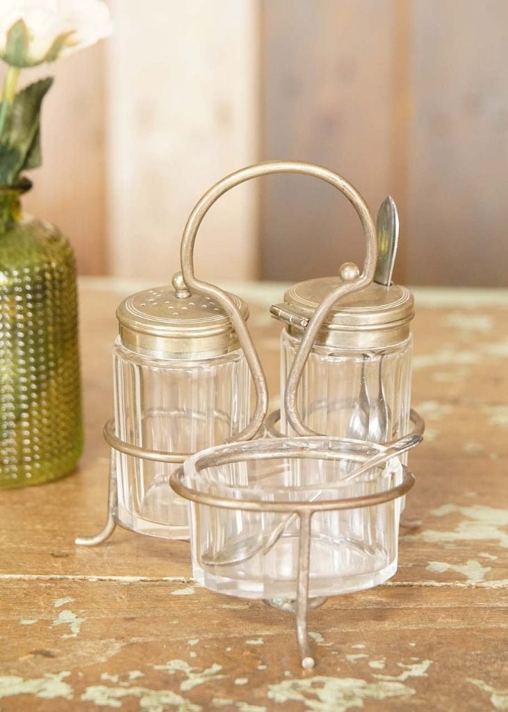 Oud brocante 3-delig peper- zoutstel mosterdpotje in houder, Ophalen of Verzenden