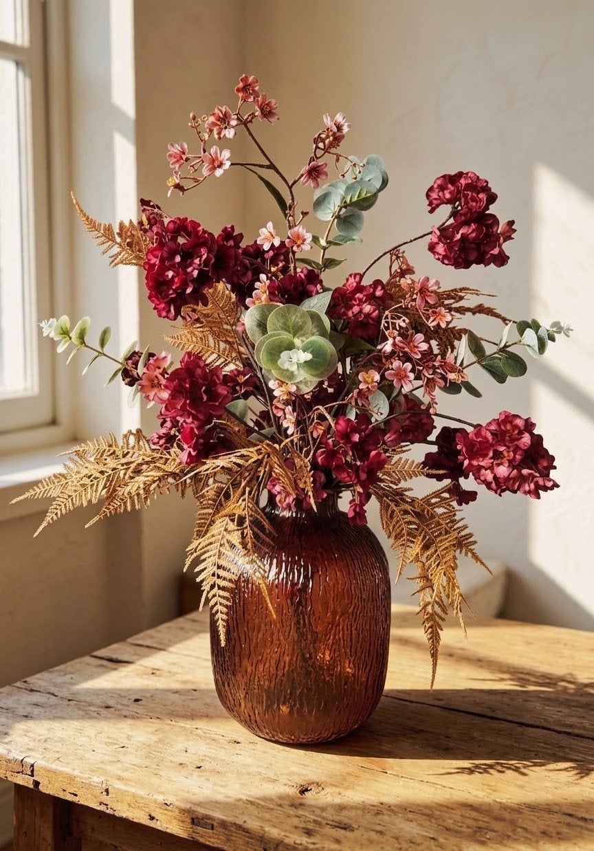 Luxe Herfstboeket | 10 bloemen | Amber Vaas |, Huis en Inrichting, Binnen, Roze, 70 cm, Ophalen of Verzenden