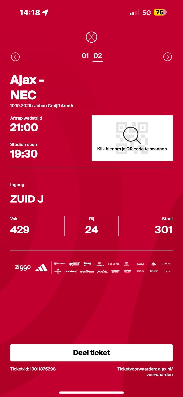 1 kaartje AJAX-NEC, Eén persoon