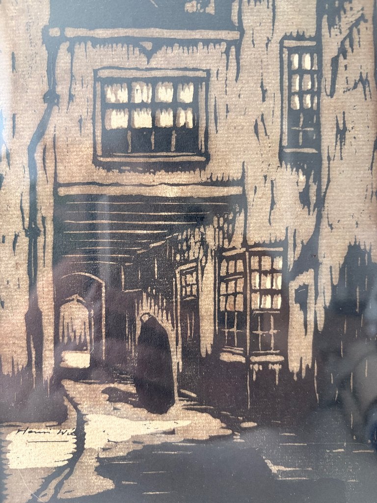 Houtsnede Henri Wils, Antiek en Kunst, Kunst | Etsen en Gravures, 2000 tot heden, Ingelijst, Stadsgezicht, 23 cm