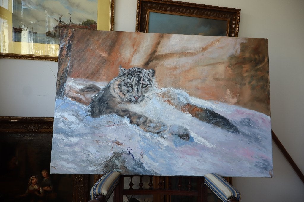 Schilderij tijger sneeuwpanter olieverf op linnen 120 x 80cm, Ophalen of Verzenden, Dieren, Olieverf, Gesigneerd