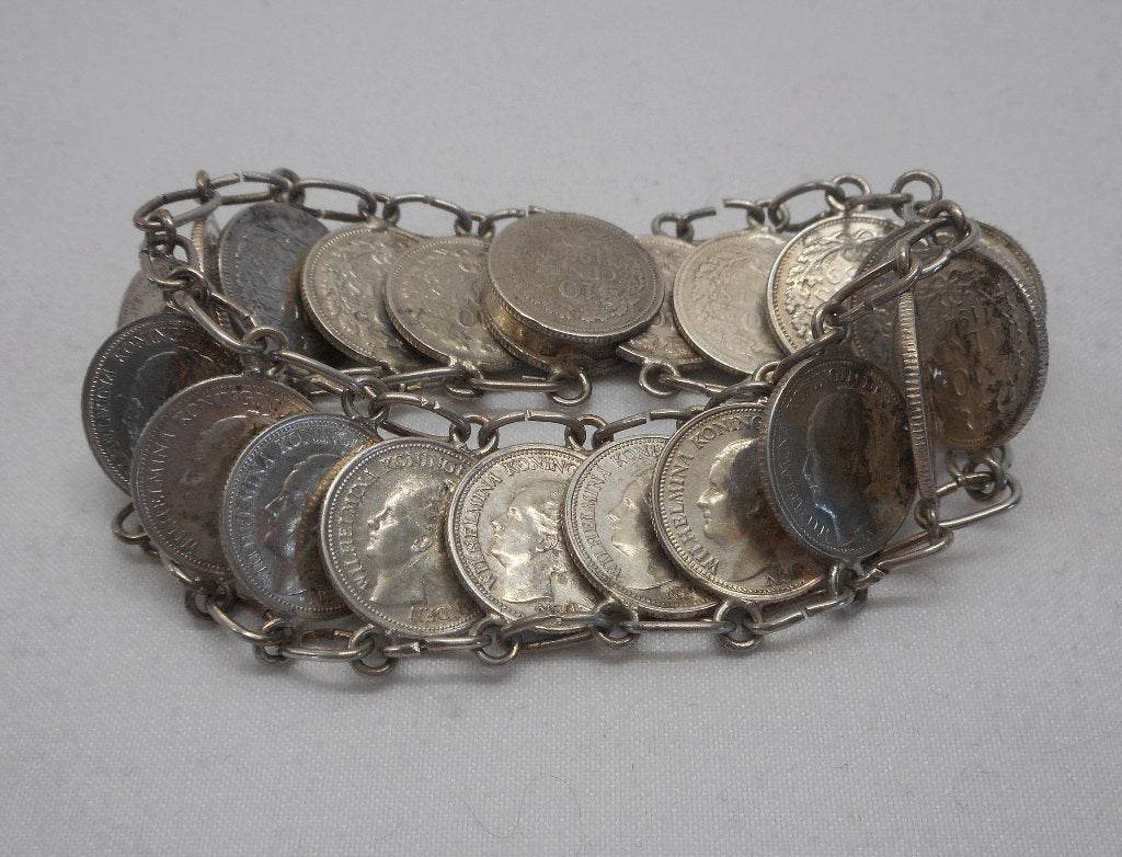 Zilveren Wilhelmina dubbeltjes armband nr.645, Sieraden, Tassen en Uiterlijk, Antieke sieraden, Verzenden, Zilver, Armband