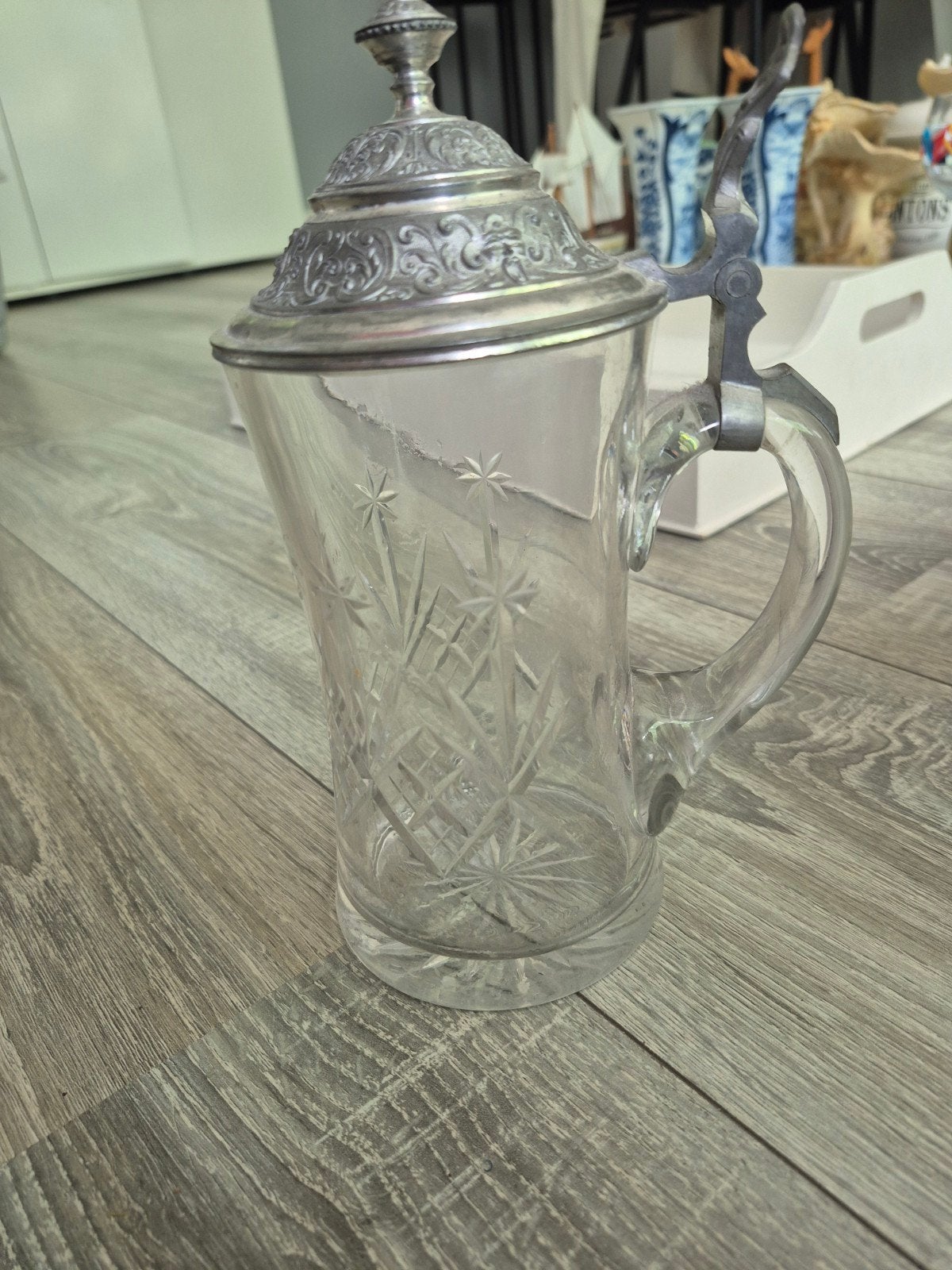 Antieke Glazen Bierpul met Tin Deksel - Geslepen Glas, Ophalen of Verzenden