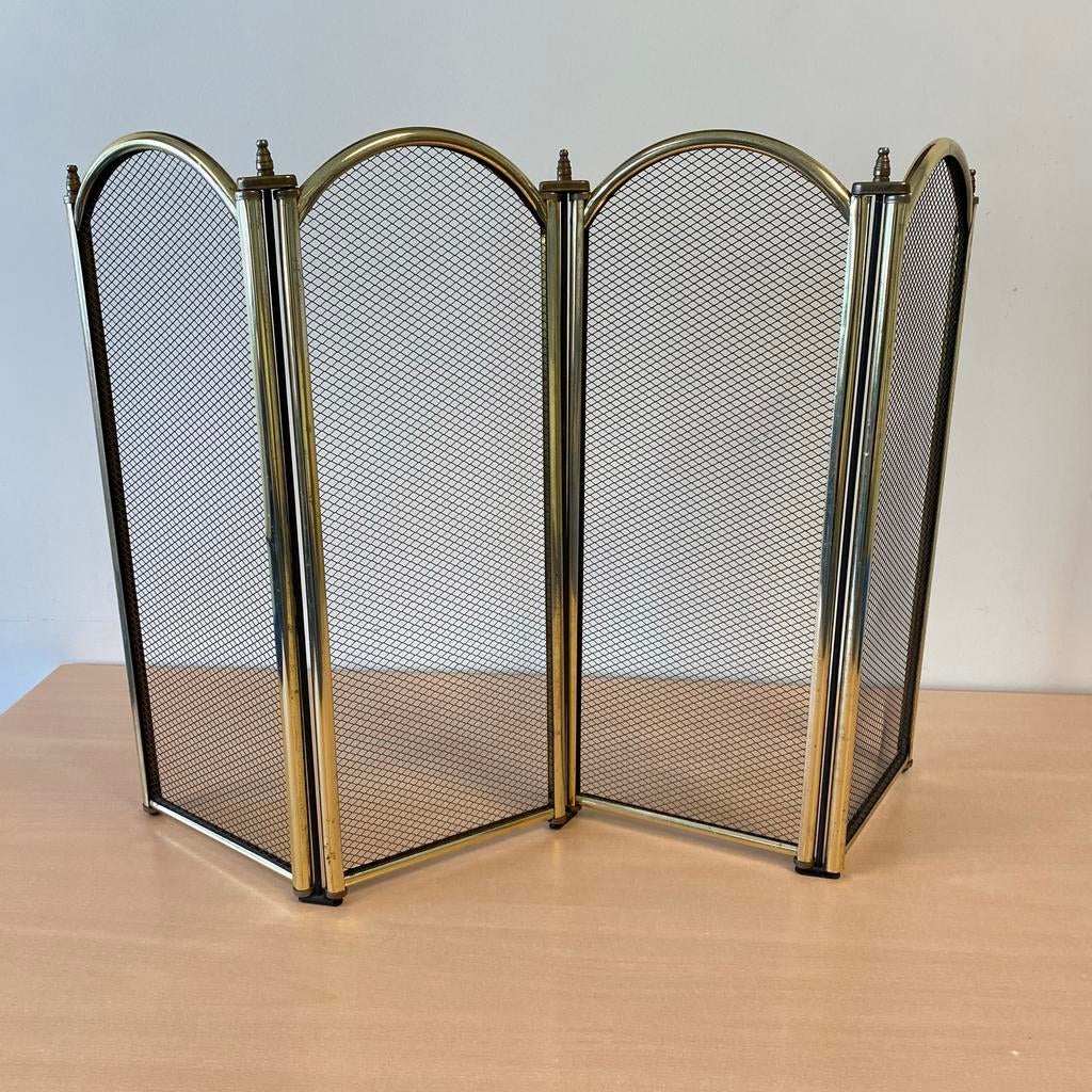 Messing openhaardscherm met 4 panelen - 85x52 cm, Huis en Inrichting, Haarden, Gebruikt, Overige soorten, Ophalen of Verzenden