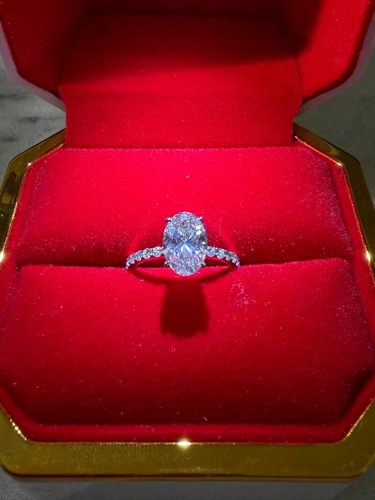 Lab Grown Diamant Ring Ovaal 2.54ct Pavé Setting Hidden Halo, Ophalen, Wit, Nieuw, Kleiner dan 17