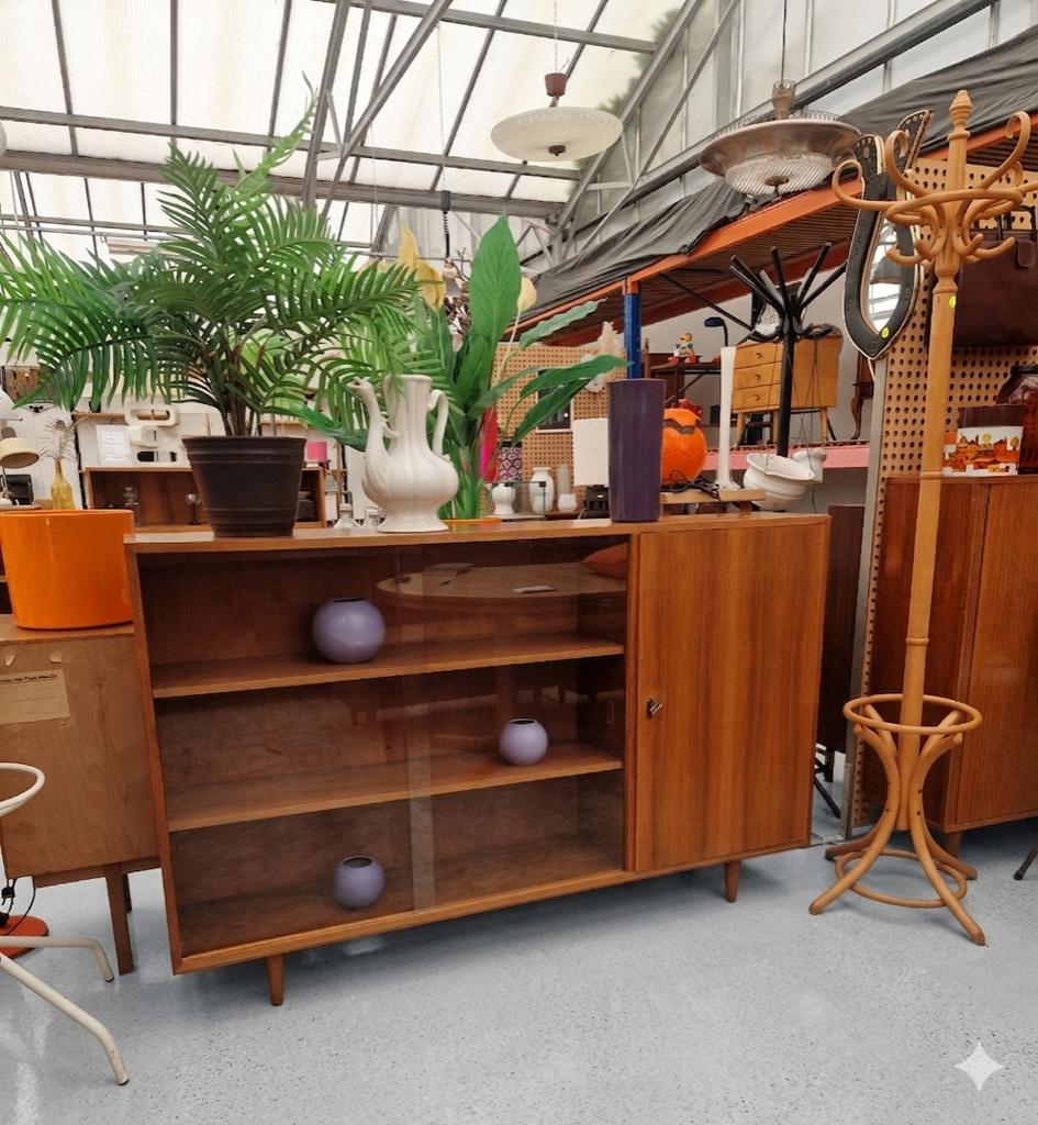 Vintage wandkast met vitrine en deurkast, 155cm, Ophalen, ., 150 tot 200 cm, .