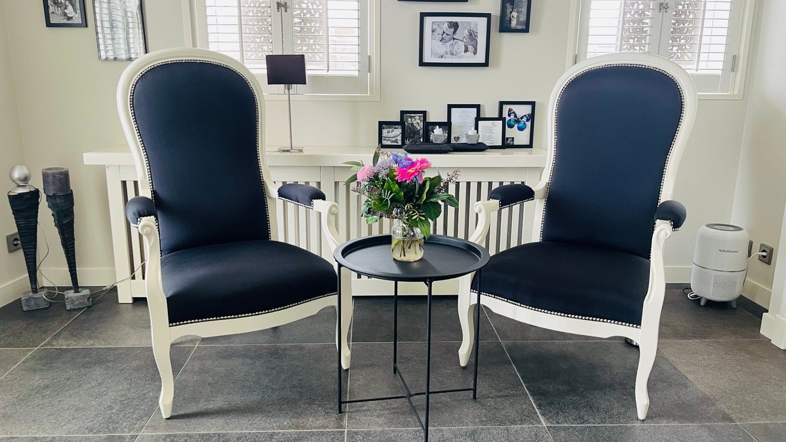 Set van 2 elegante fauteuils - Wit met zwart stof, Ophalen, Twee, Zwart, Zo goed als nieuw