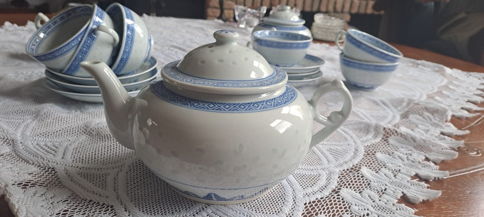 Vintage Chinees theeservies - Rijstkorrel porselein, Huis en Inrichting, Ophalen, Zo goed als nieuw, Porselein, Overige stijlen