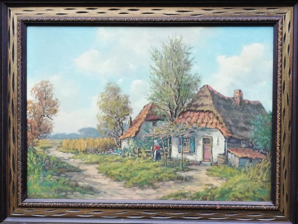 D. Oudheusden, Boerin bij hoeve. Olie/doek. 89/69 cm., Antiek en Kunst, Ophalen