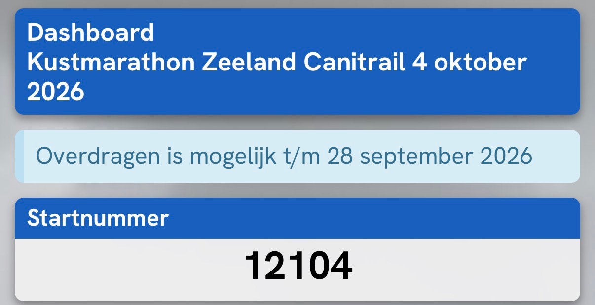 Canitrail, kustmarathon zeeland startbewijs, 4 oktober, Computers en Software, Ophalen of Verzenden, Zo goed als nieuw