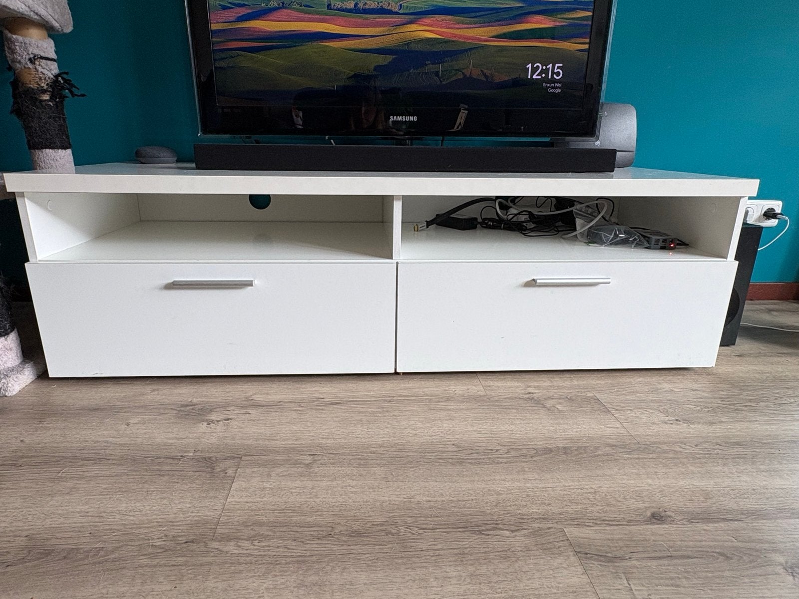 Modern wit tv-meubel met 2 lades - 140x50x42 cm, Ophalen, Gebruikt, 100 tot 150 cm, Minder dan 100 cm