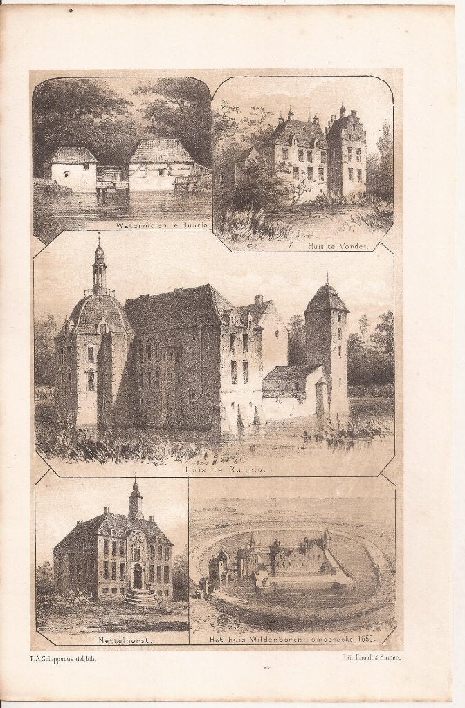 Watermolen Ruurlo Huis Vorden Huis Ruurlo Nettelhorst litho, Ophalen of Verzenden, Blanco verso, 14 cm, Landschap