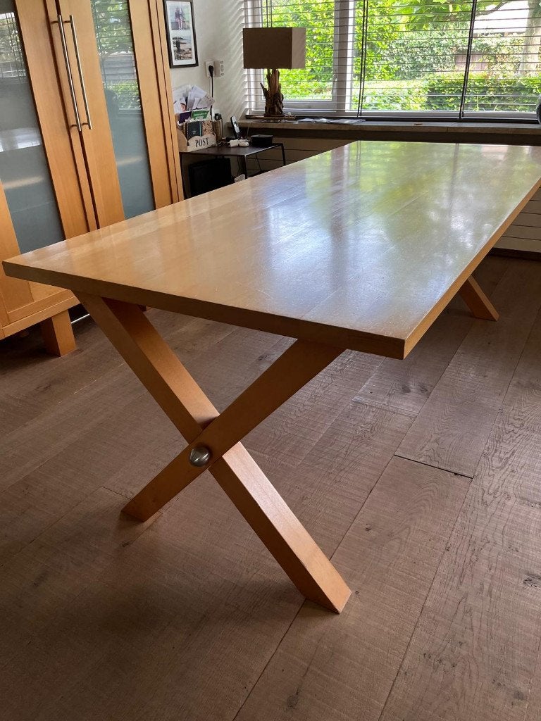 Eettafel massief beuken - design Jan des Bouvrie, Huis en Inrichting, Ophalen, Gebruikt, 200 cm of meer, 50 tot 100 cm