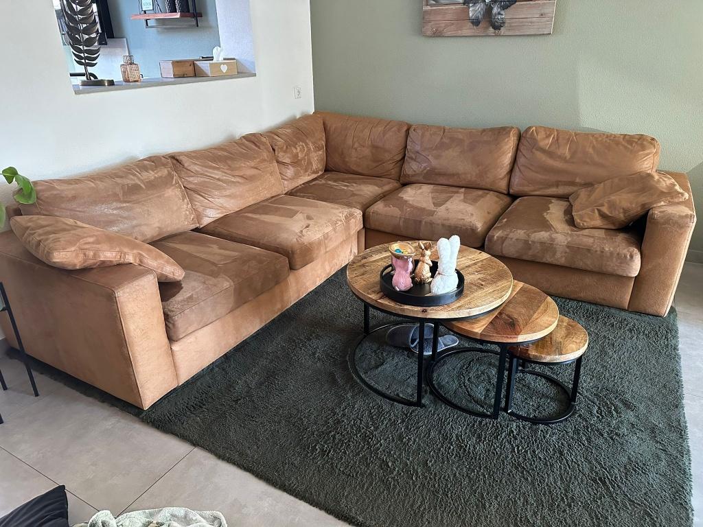 UrbanSofa Giorno Hoekbank - Cognac Leer/Stof, Huis en Inrichting, Banken | Bankstellen, Ophalen, 250 tot 300 cm, Gebruikt, 100 tot 125 cm