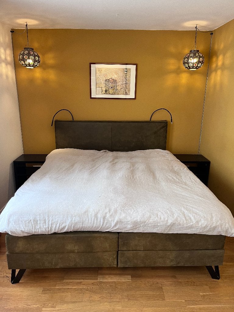 Goossens Infinity boxspring 180x210 elektrisch mosgroen, Ophalen, Gebruikt, 210 cm, Tweepersoons