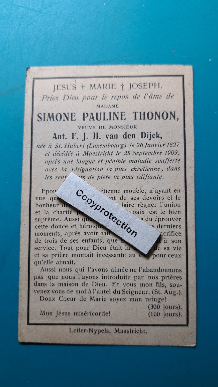 Simone Pauline Thonon, St Hubert 1827, Maastricht 1903, Verzamelen, Verzenden, Bidprentje