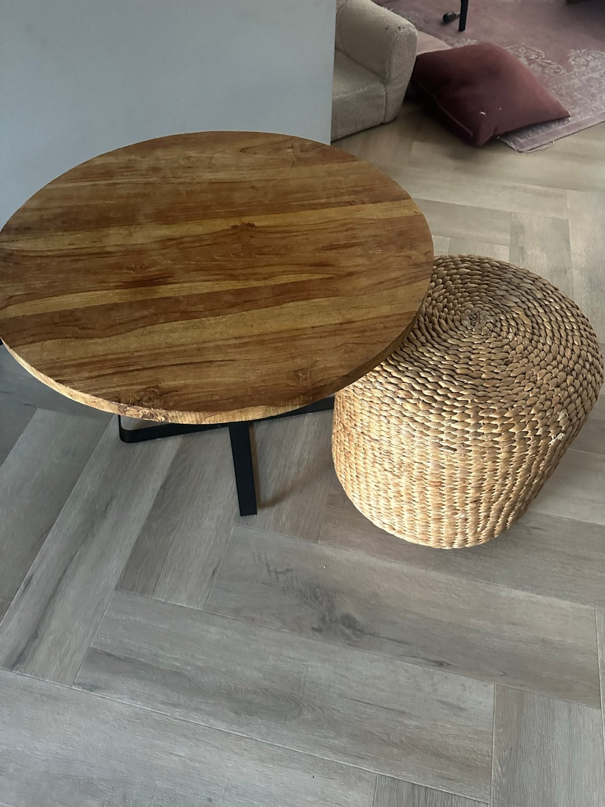 Salontafel rond hout met zwart metalen onderstel, Ophalen, Minder dan 45 cm, Gebruikt, Rond
