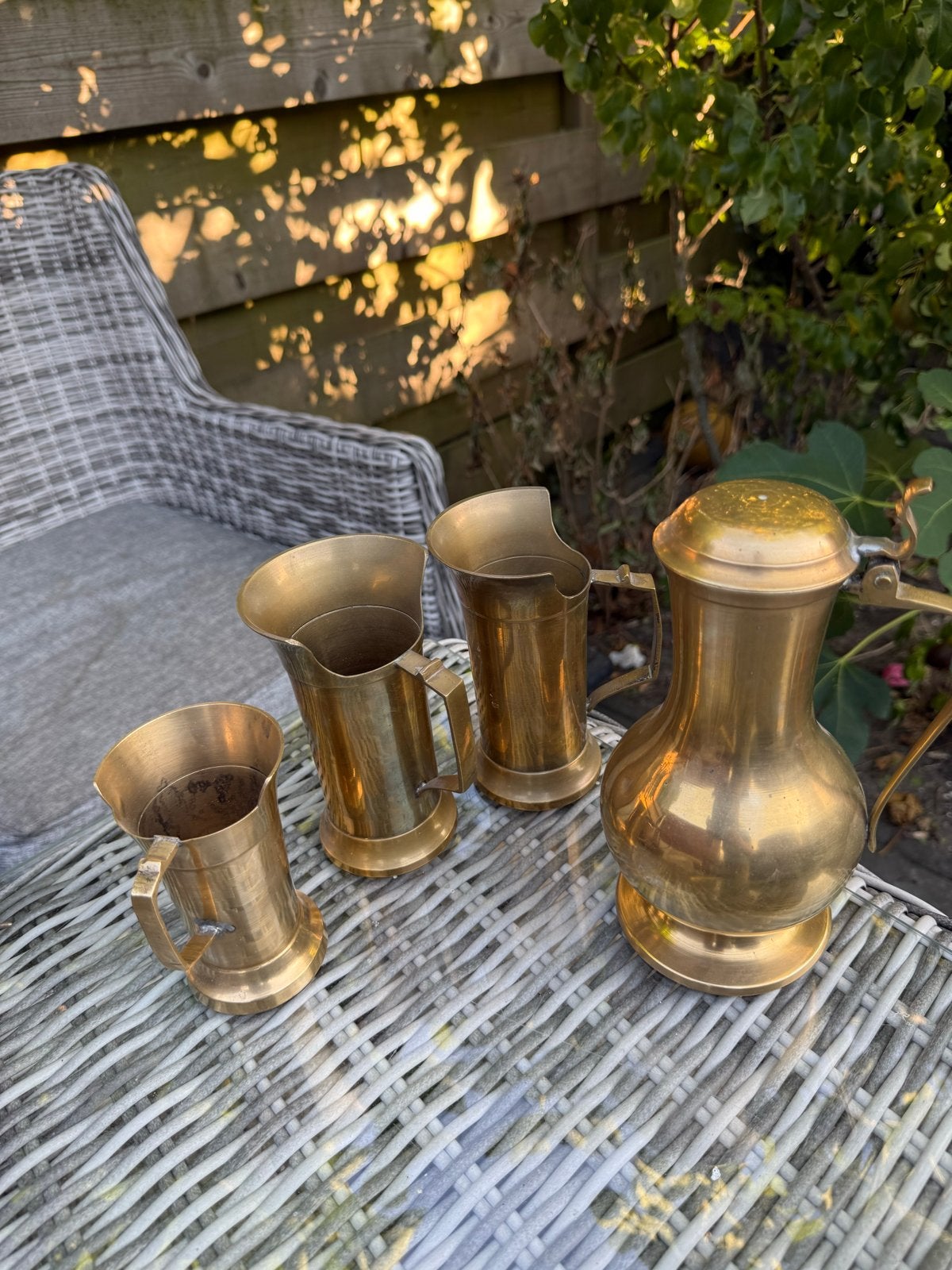 Set van 4 vintage koperen kannen en kruik, Antiek en Kunst, Antiek | Koper en Brons, Ophalen of Verzenden, Koper