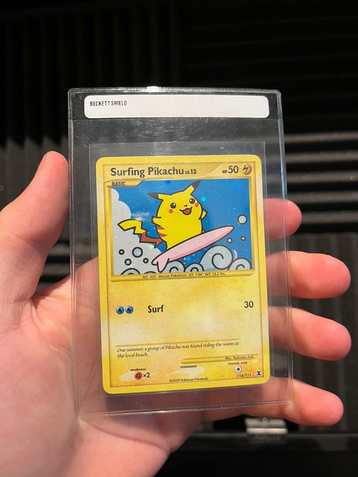 Surfing pikachu vintage holo, Ophalen of Verzenden, Zo goed als nieuw, Losse kaart, Foil
