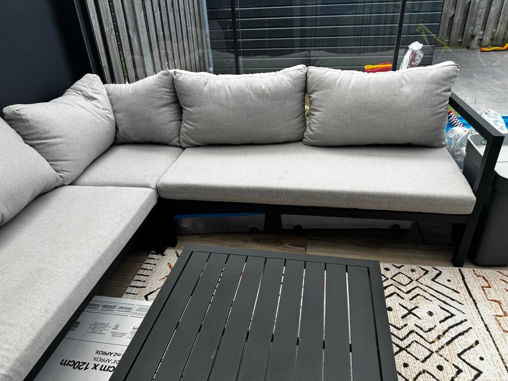 Loungeset Chelva Antraciet met grijze kussens, Tuin en Terras, 5 zitplaatsen, Aluminium, Ophalen of Verzenden, Zo goed als nieuw