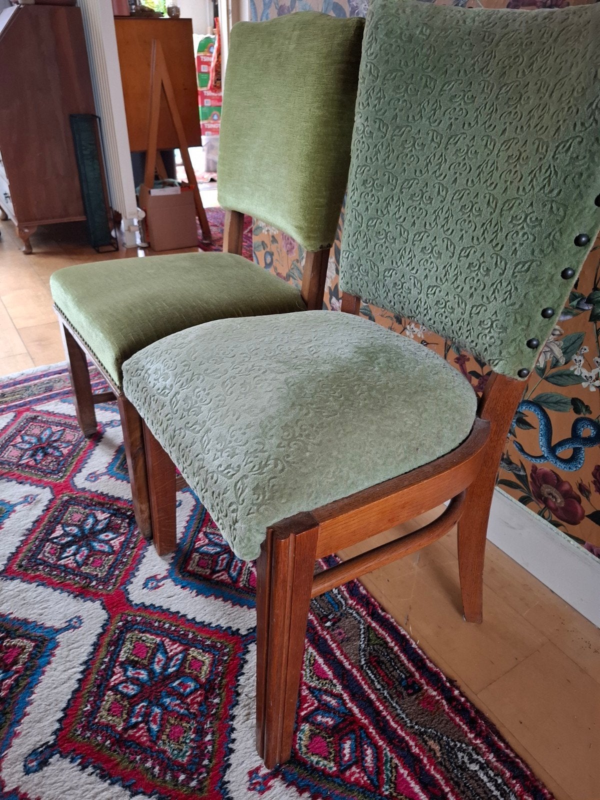 Set van 4 vintage stoelen - groen gestoffeerd, Ophalen