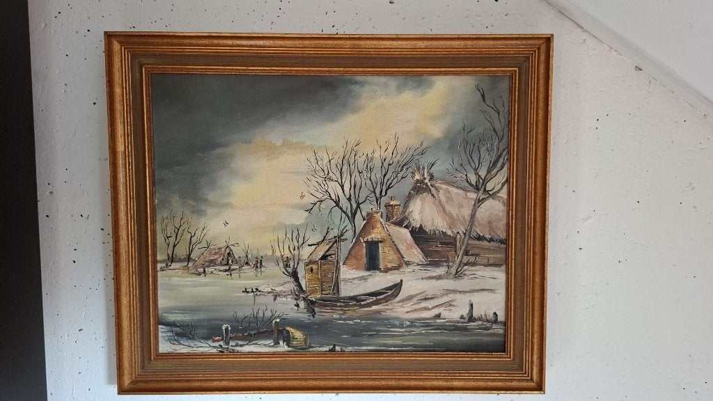 Schilderij met winter tafereel - houten lijst ca. 60 x 51, Ophalen of Verzenden
