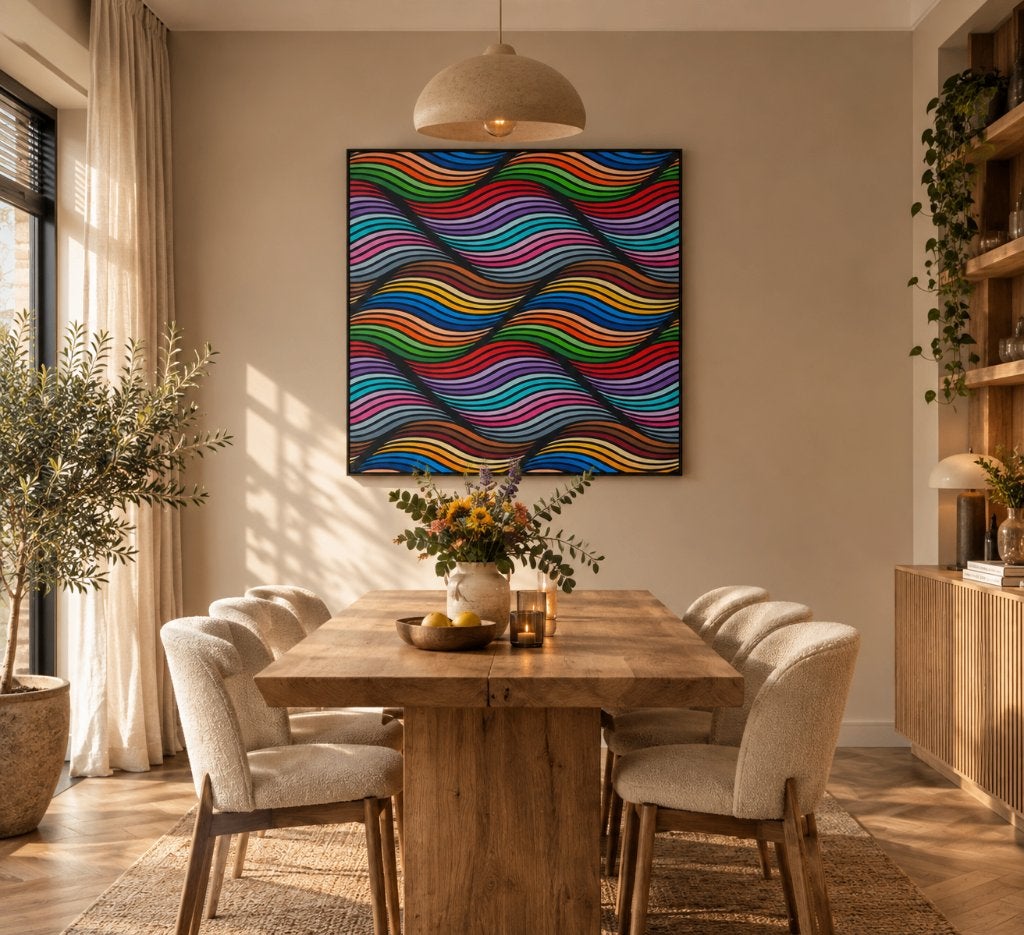 Waves – kleurrijk abstract schilderij 94 x 94 cm, Ophalen of Verzenden, Hout, Acrylverf, Abstract