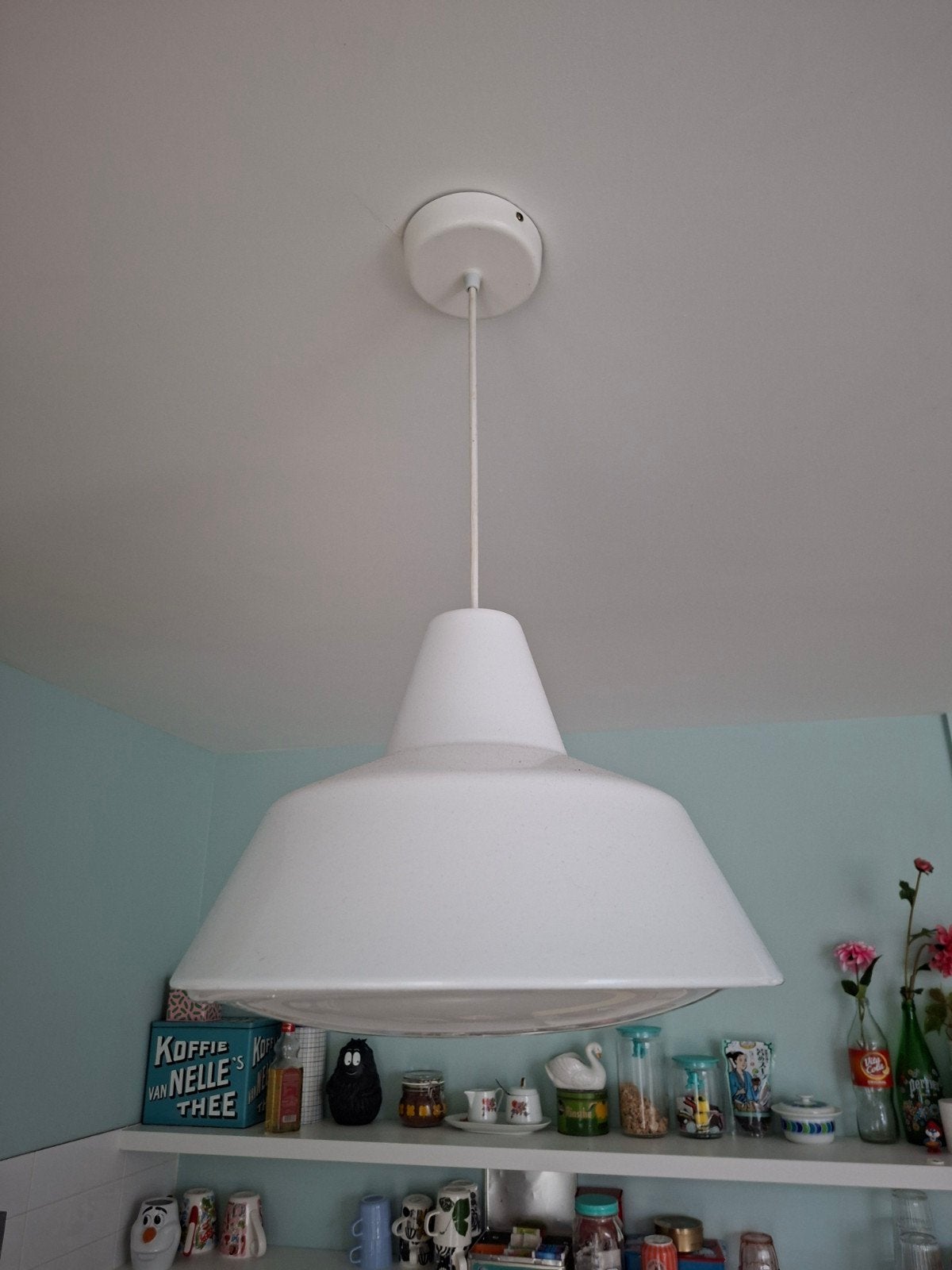Witte emaille hanglamp met melkglas vintage, Ophalen of Verzenden, Gebruikt, Glas