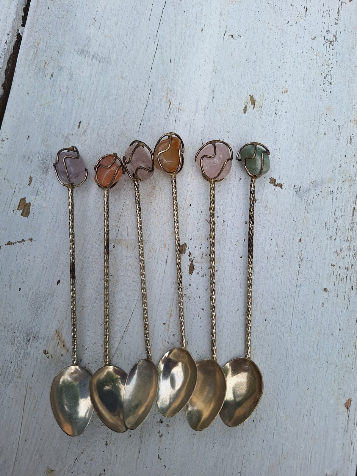 Set van 6 vintage theelepels met halfedelstenen, Ophalen of Verzenden