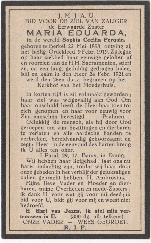 zr. Sophia Perquin 1898 Berkel + 1921Santpoort, 22 jaar oud, Verzenden