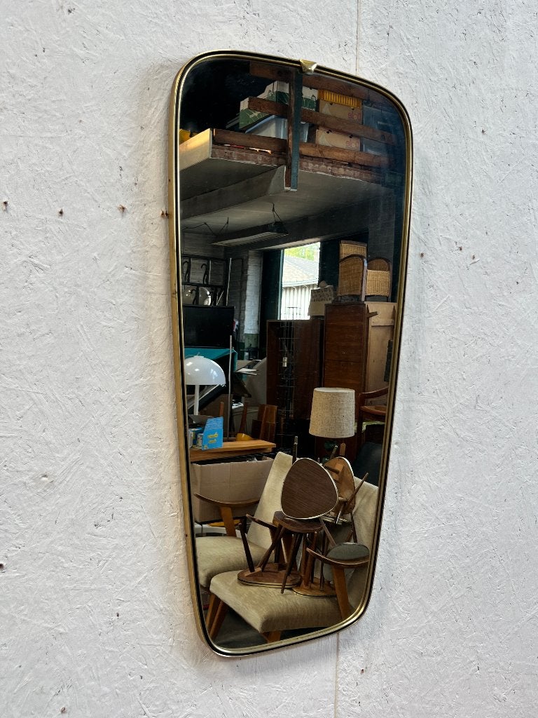 Vintage spiegel met messing gouden lijst, Antiek en Kunst, Ophalen of Verzenden, Overige vormen, Minder dan 50 cm, Minder dan 100 cm